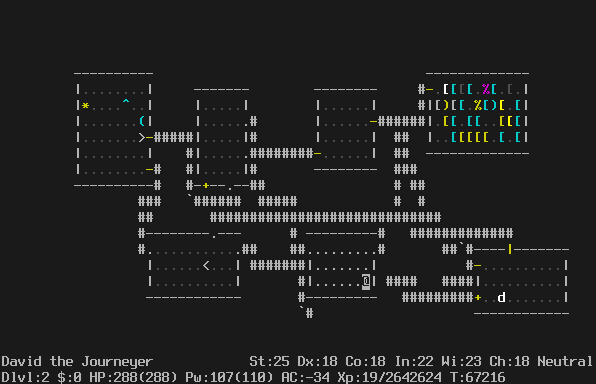 In the Dungeons of Doom. There are 7 rooms. The one in the upper left is an armor shop, with many items missing or displaced.
The message line is empty.
The status lines say:
David the Journeyer St:25 Dx:18 Co:18 In:22 Wi:23 Ch:18 Neutral
Dlvl:1 $:0 HP:288(288) Pw:107(110) AC:-34 Xp:19/2642624 T:67216