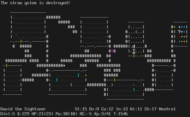 Screenshot of a NetHack game in a terminal with a dark background and light foreground. In the Dungeons of Doom. There are 7 rooms and a shop. The player and a dog are standing together. The message line says "The straw golem is destroyed!" The status lines are:
David the Sightseer St:15 Dx:8 Co:12 In:13 Wi:11 Ch:17 Neutral
Dlvl:5 $:229 HP:21(23) Pw:10(10) AC:-5 Xp:3/41 T:1546