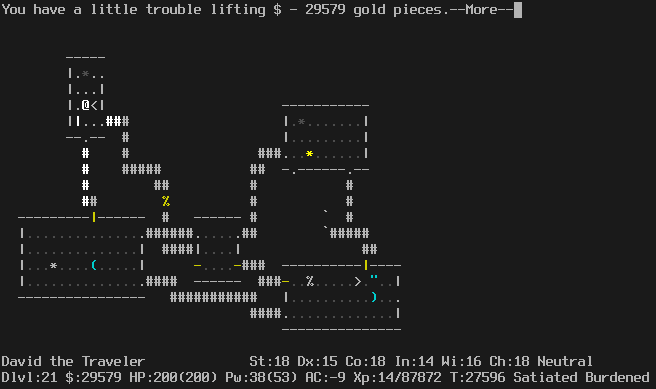 In the Dungeons of Doom. 5 rooms are visible in the half-explored level. The upper-left room has the player and an up staircase.
The message line says "You have a little trouble lifting $ - 29579 gold pieces.--More--".
The status lines say:
David the Traveler St:18 Dx:15 Co:18 In:14 Wi:16 Ch:18 Neutral
Dlvl:21 $:29579 HP:200(200) Pw:38(53) AC:-9 Xp:14/87872 T:27596 Satiated Burdened