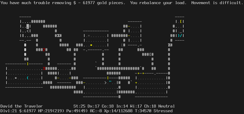 In the Dungeons of Doom, at Dlvl 21 again. The level is now fully explored. There is an altar in the room at the upper left.
The message line says "You have much trouble removing $ - 61977 gold pieces.  You rebalance your load.  Movement is difficult."
The status lines say:
David the Traveler St:18 Dx:17 Co:18 In:14 Wi:17 Ch:18 Neutral
Dlvl:21 $:61977 HP:219(219) Pw:49(49) AC:-8 Xp:14/112688 T:34570 Stressed