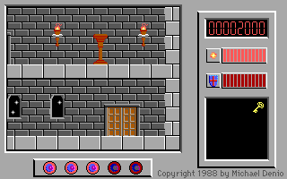 An animation of Captain Comic hovering through a wall to collect the Crown in the castle, then dying to respawn at the entrance