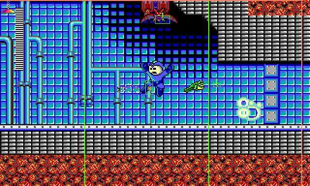 A screenshot of the game with the HUD script activated. Mega Man is in the first room of Sonic Man's stage, jumping to the left after having destroyed the first of two walls. A Frogbot jumps rightward into the wall's explosion.