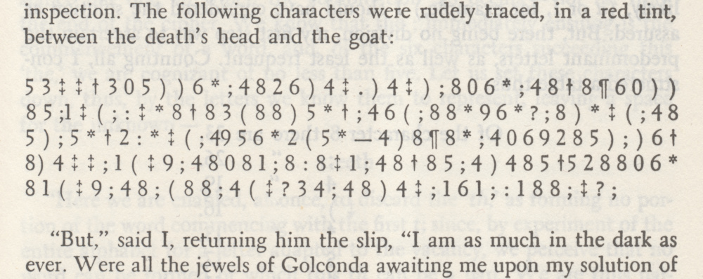 The following characters were rudely traced, in a red tint, between the death’s head and the goat:

53‡‡†305))6*;4826)4‡.)4‡);806*;48†8¶60))85;1‡(;:‡*8†83(88)5*†;46(;88*96*?;8)*‡(;485);5*†2:*‡(;4956*2(5*—4)8¶8*;4069285);)6†8)4‡‡;1(‡9;48081;8:8‡1;48†85;4)485†528806*81(‡9;48;(88;4(‡?34;48)4‡;161;:188;‡?;

“But,” said I, returning him the slip, “I am as much in the dark as ever. Were all the jewels of Golconda awaiting me upon my solution of