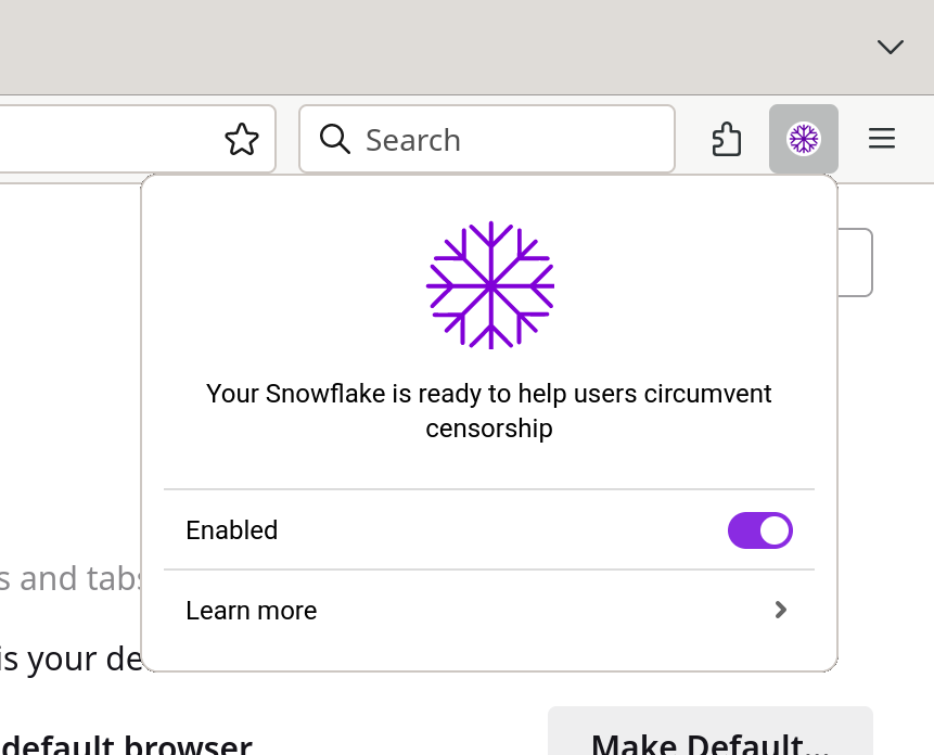 Screenshot of the Snowflake WebExtension running in Firefox. The purple Snowflake toolbar is activated. The popup says: Your Snowflake is ready to help users circumvention censorship. Enabled: ✓. Learn more.